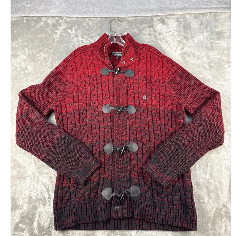 Express Sweater Mens XL Toggle Mock Neck Red Ombre Cable Knit Heavyweight NEW